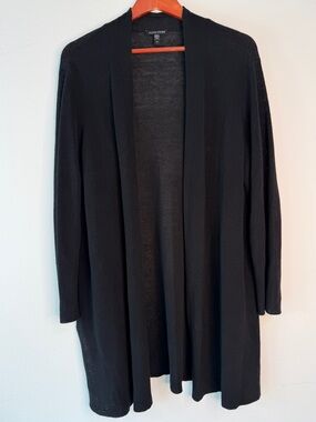 Eileen Fisher Organic Linen Cotton Airy Tuck Long Cardigan Black Knit Large